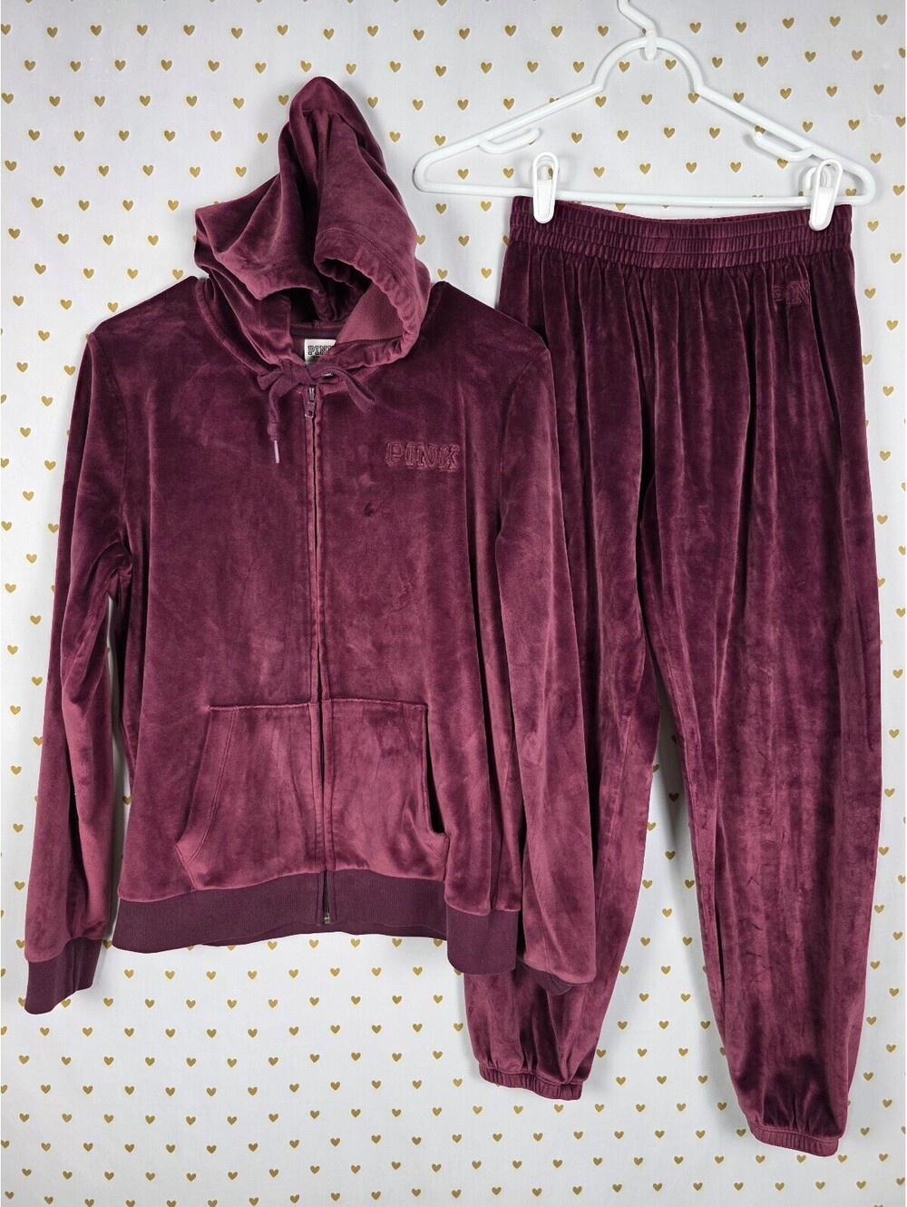 Victorias Secret Pink Velour Maroon Hoodie Jacket Sweats SET 2pc SMALL MED